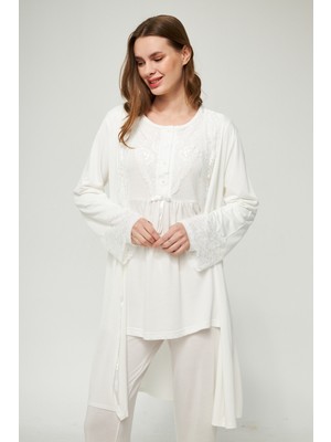 Lorian's Ekru Kadın Hamile ve Lohusa Pijama Takımı 3'lü Set