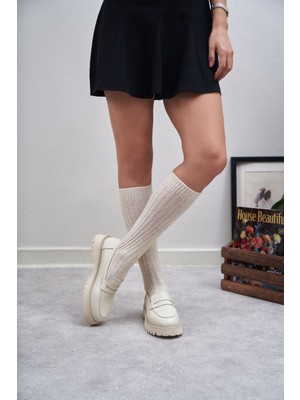 Nişantaşı Shoes Queena Bej Hakiki Deri Kalın Taban Detay Kadın Ayakkabı