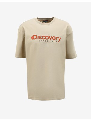 Discovery Expedition Bej Erkek Bisiklet Yaka Loose Fit Baskılı T-Shirt D4SM-TST3255