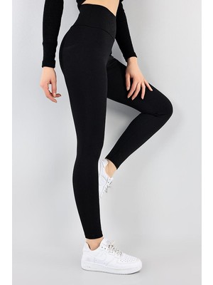 Vogsign Kadın Siyah Yüksek Bel Fitilli Içi Polarlı Kışlık Tayt 395