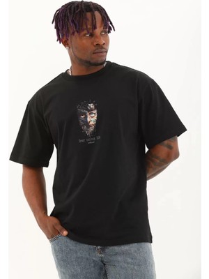 Tarz Yeri Unisex Oversize Baskılı Bisiklet Yaka T-Shirt - Siyah