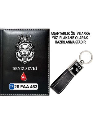 Promosyon Denizi Kişiye Özel Aslan Görselli Siyah Ruhsat Kabı ve Anahtarlık