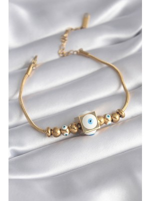 Clariss 316L Çelik Gold Renk Kare Nazar Boncuk Detay Kadın Bileklik