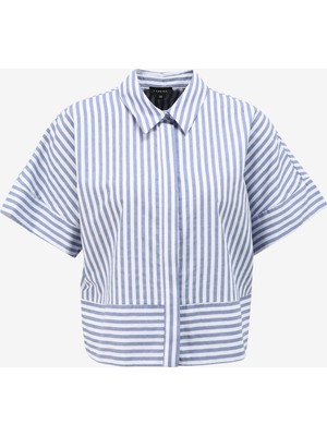 Fabrika Comfort Geniş Fit Gömlek Yaka Çizgili Mavi - Beyaz Kadın Gömlek FC4SL-GML0530