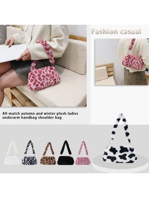 Qiuming Shop Siyah Çiçek Stili Moda Kadın Inek Baskı Kalıp Çantaları Kadın Kış Peluş Koltukaltı Çantaları Leopar Zebra Desen Kabarık Bez Çantalar Küçük Çantalar (Yurt Dışından)