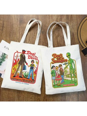 Qiuming Shop NO.1328 Tarzı Death Evil Devil Alien Baskı Yeni Rahat Harajuku Kadın Omuz Kanvas Çanta Ins Büyük Kapasiteli Tote Vogue Yeniden Kullanılabilir Kadın Çantaları (Yurt Dışından)