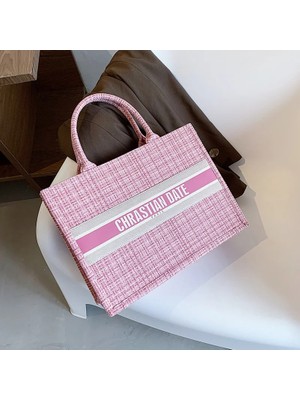 Qiuming Shop Pembe Tarzı M Beden Tuval Tote Çanta Kadın Lüks Tasarımcı Çanta Kız Shopper Moda Rahat Çizgili Kafes Mektup Baskı Büyük Kapasiteli Çantalar (Yurt Dışından)