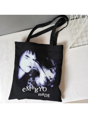 Qiuming Shop HEI01 Stili Gotik Kadın Çantası H Yüz Baskı Kanvas Çanta Rahat Büyük Kapasiteli Hip-Hop Kadın Omuz Çantası Yüksek Sokak Koyu Y2K Alışveriş Çantaları (Yurt Dışından)