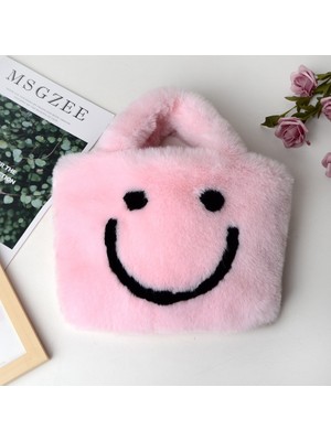 Qiuming Shop Pembe Tarzı 29X6X33CM Sevimli Gülen Yüz Kadın Peluş Omuz Çantası Yumuşak Faux Kürk Bayan Zincir Messenger Çanta Moda Kadın Küçük Çanta Çanta Bolsas (Yurt Dışından)