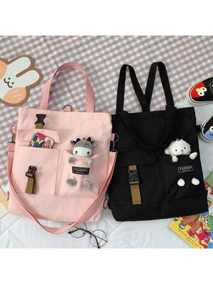 Qiuming Shop Yellow No Pendant Style Women New Cute Bear Cartoon Canvas Bag Female Fashion Cool Girl Student School Class Shoulder Crossbody Messenger Bag Satchels (Yurt Dışından)