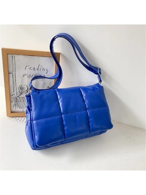 Qiuming Shop Mavi Stil 35CMX24CMX10CM 2021 Kış Kabarık Bayan Omuz Çantası Kapitone Ekose Lüks Tasarım Çanta Minimalist Kadın Flap Crossbody Çanta (Yurt Dışından)