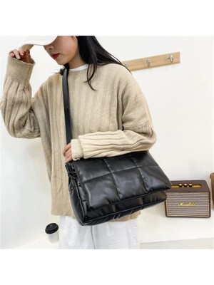 Qiuming Shop Mavi Stil 35CMX24CMX10CM 2021 Kış Kabarık Bayan Omuz Çantası Kapitone Ekose Lüks Tasarım Çanta Minimalist Kadın Flap Crossbody Çanta (Yurt Dışından)