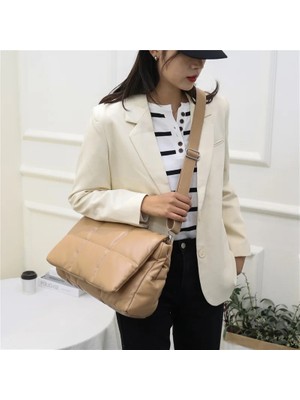 Qiuming Shop Mavi Stil 35CMX24CMX10CM 2021 Kış Kabarık Bayan Omuz Çantası Kapitone Ekose Lüks Tasarım Çanta Minimalist Kadın Flap Crossbody Çanta (Yurt Dışından)