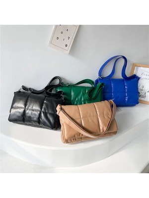 Qiuming Shop Mavi Stil 35CMX24CMX10CM 2021 Kış Kabarık Bayan Omuz Çantası Kapitone Ekose Lüks Tasarım Çanta Minimalist Kadın Flap Crossbody Çanta (Yurt Dışından)