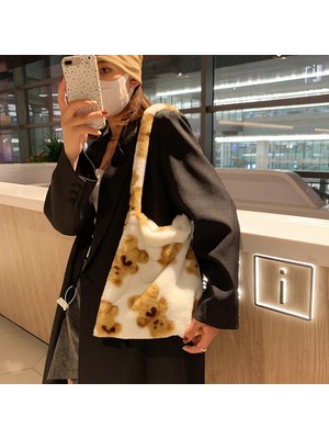 Qiuming Shop Red Heart D Style 30X30X2CM Ins Women Flower Print Shoulder Bags New Winter Soft Plush Bucket Bags Female Open Pocket Crossbody Furry Fluffy Tote Bags (Yurt Dışından)