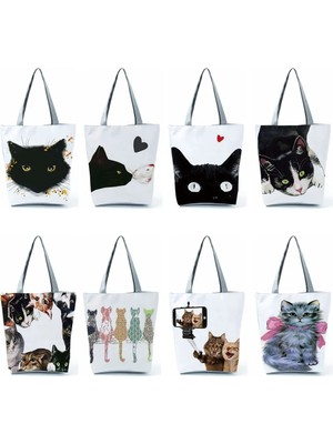 Qiuming Shop HL1300 Kedi Çanta Stili Handbgas Sevimli Suluboya Siyah Kedi Boyama Bayan Tasarımcı Tote Eco Yeniden Kullanılabilir Alışveriş Alışveriş Çantaları Okul Kitap Çantası Özelleştirmek (Yurt Dışından)