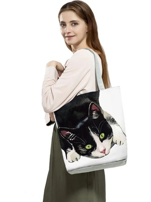 Qiuming Shop HL1300 Kedi Çanta Stili Handbgas Sevimli Suluboya Siyah Kedi Boyama Bayan Tasarımcı Tote Eco Yeniden Kullanılabilir Alışveriş Alışveriş Çantaları Okul Kitap Çantası Özelleştirmek (Yurt Dışından)