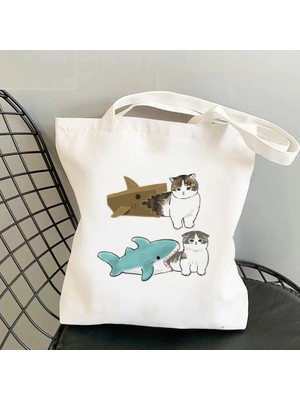 Qiuming Shop NO.29579 Stili Kedi Köpekbalığı Alışveriş Çantası Bolsa Compra Plegable Jüt Çanta Bolsa Shopper Bolso Alışveriş Çantası Çanta Bez Yeniden Kullanılabilir File Ecobag Cabas (Yurt Dışından)