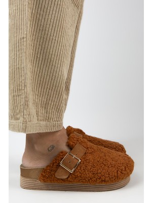 Manijero Juno Kadın Tekstil Kürklü  Deri Kemerli Tokalı Taba Terlik