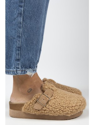 Manijero Juno Kadın Tekstil Kürklü  Deri Kemerli Tokalı Karamel Terlik