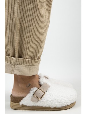 Manijero Juno Kadın Tekstil Kürklü  Deri Kemerli Tokalı Beyaz-Kum Terlik