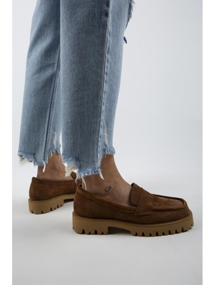 Manijero Cepmen Kadın Hakiki Deri Köşeli Loafer Taba Süet Ayakkabı