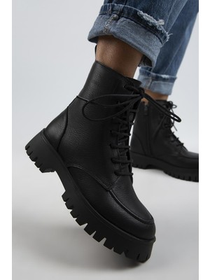 Manijero Jemima Kadın Hakiki Deri Bağcıklı Fermuarlı Siyah Bot