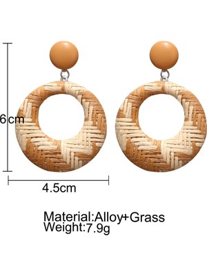 Sunshinee Yeni Takı El Yapımı Bohem Ahşap Rattan Hasır Hasır Damla Küpe Vintage Bambu Hasır Geometrik Daire Küpe Aksesuarları Bej (Yurt Dışından)