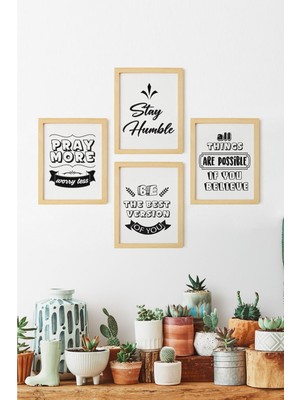 Ayışığı Dizayn Motivation Doğal Ahşap Çerçeveli 4'lü Tablo Yazı Seti