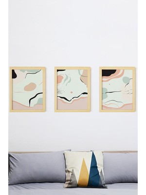 Ayışığı Dizayn Soyut Doğal Ahşap Çerçeveli 3'lü Tablo Seti