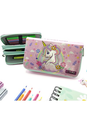 Limmy Simli Işıltılı Bahar Unicorn Kalem Kutusu Vegan Deri Kalemkutu Üç Bölmeli Kalemlik Yeşil