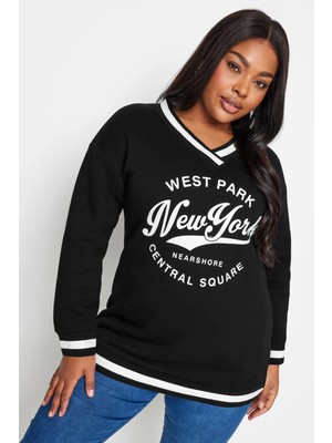 Stil Diva V Yaka Uzun Kollu Şerit Detaylı Baskılı Sweatshirt 302802