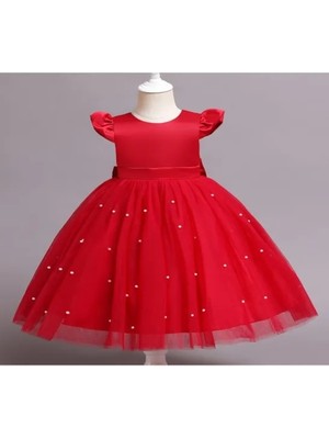 Miço Kids Inci Detaylı Kırmızı  Kız Çocuk Saten Abiye Elbise