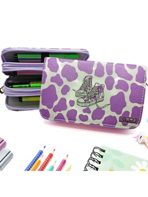 Limmy Simli Işıltılı Inek Kalem Kutusu Vegan Deri Kalemkutu Üç Bölmeli Kalemlik Mor