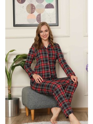 D Kit Boutique Kırmızı Ekose Doğal Pamuk Uzun Kollu Pijama Takımı