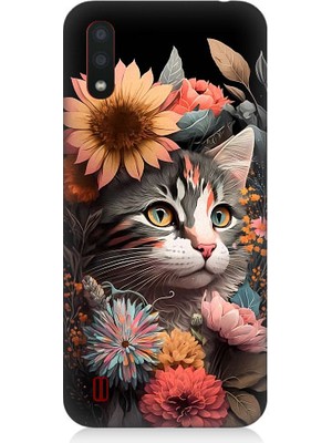 Teknomeg Samsung Galaxy A01 Uyumlu Çiçekler ve Kül Gri Kedi Desenli Silikon Kılıf