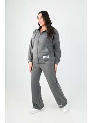 Koza Kadın Büyük Beden Etiket Detaylı Kapüşonlu Eşofman Takımı 8077-24