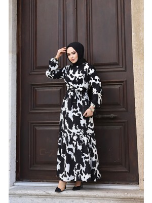 SFG Life Moda Kadın Yazlık Tesettür Kuşaklı Dokuma Viskon Kumaş Şık Elbise