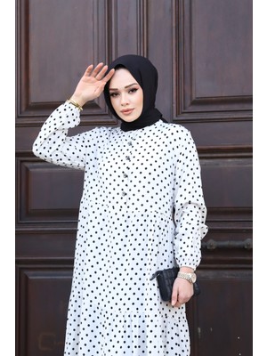 SFG Life Moda Kadın Yazlık Tesettür Önü Düğmeli Dokuma Viskon Kumaş Şık Puantiyeli Elbise