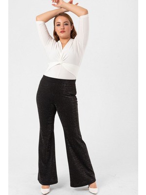Laranor Simli Siyah Büyük Beden Yarım Ispanyol Likralı Simli Krep Pantolon 42 - Simli Siyah