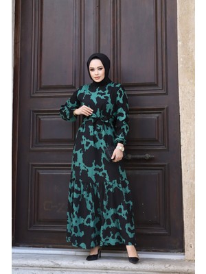 SFG Life Moda Kadın Yazlık Tesettür Kuşaklı Dokuma Viskon Kumaş Şık Elbise