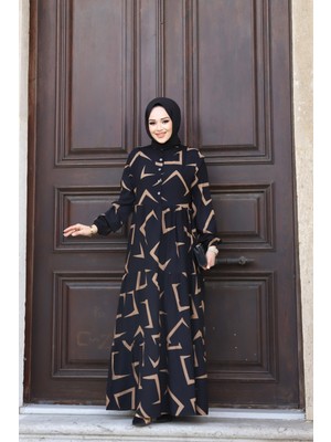 SFG Life Moda Kadın Yazlık Tesettür Önü Düğmeli Desenli Dokuma Viskon Şık Elbise