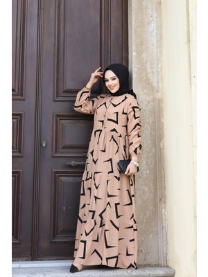 SFG Life Moda Kadın Yazlık Tesettür Önü Düğmeli Desenli Dokuma Viskon Şık Elbise