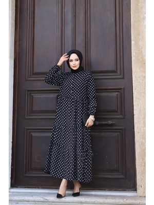 SFG Life Moda Kadın Yazlık Tesettür Önü Düğmeli Dokuma Viskon Kumaş Şık Puantiyeli Elbise