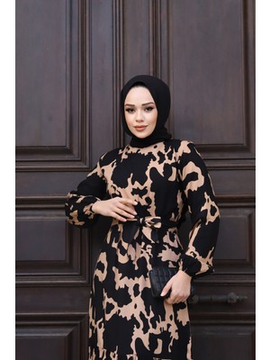 SFG Life Moda Kadın Yazlık Tesettür Kuşaklı Dokuma Viskon Kumaş Şık Elbise