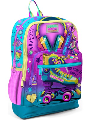 Coral High Kids Pembe Turkuaz Kulaklık Paten Desenli Okul Sırt Çantası 23754 Kız Çocuklar İçin