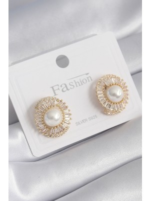 Clariss Pirinç Gold Renk Zirkon Taşlı Incili Kadın Küpe