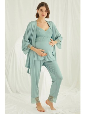 Monamise 18469 Hamile Lohusa Sabahlıklı Pijama Takımı-Yeşil