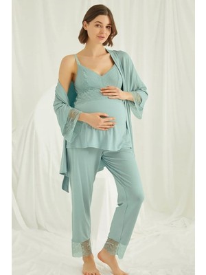 Monamise 18469 Hamile Lohusa Sabahlıklı Pijama Takımı-Yeşil