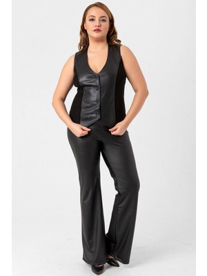 Laranor Siyah Büyük Beden Yarım Ispanyol Paça Mat Şardonlu Suni Likralı Deri Pantolon 42 - Siyah